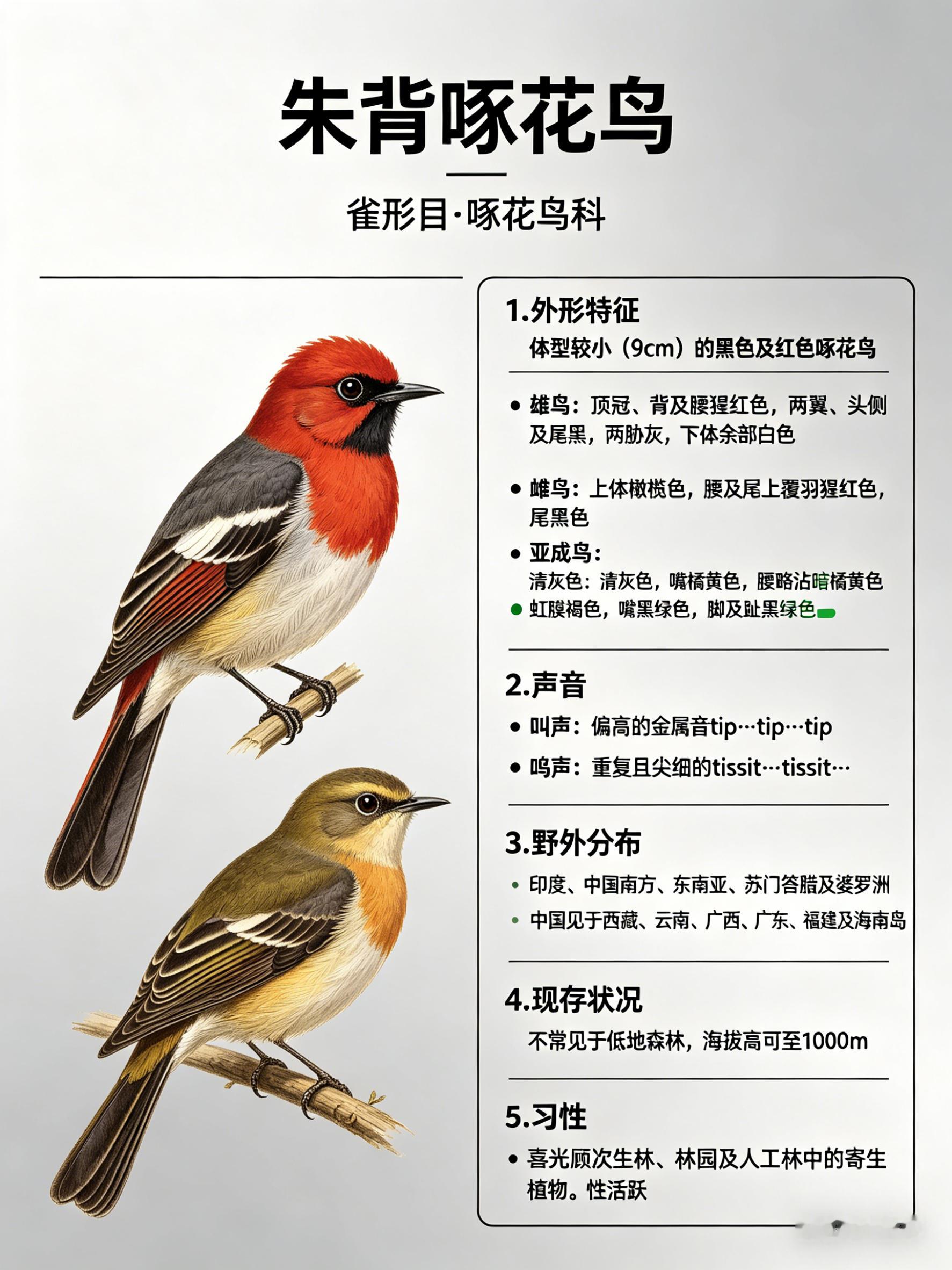 鸟类朋友图鉴 朱背啄花鸟·科属：雀形目，啄花鸟科。·外形特征：体型较小（9cm）