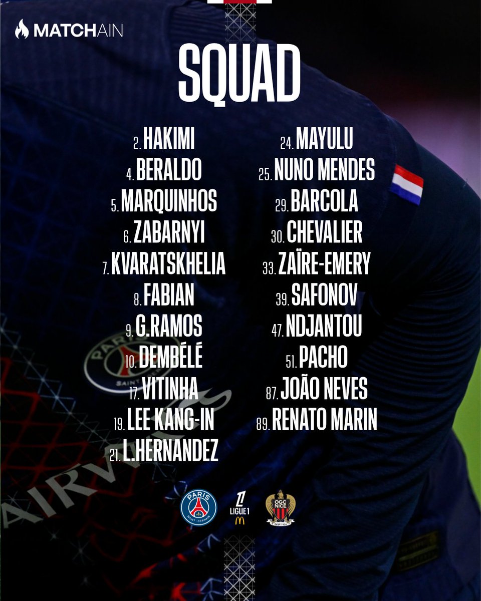 巴黎vs尼斯大名单：登贝莱领衔，内维斯、维蒂尼亚在列