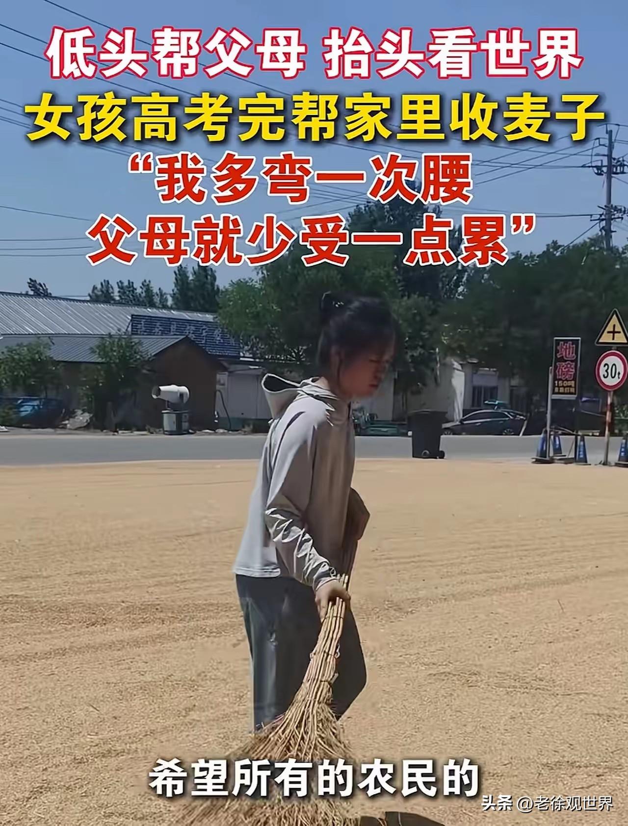 刚考完高考，没有立刻约着庆祝、出门旅游，买三件套四件套。而是拿起扫帚，帮家里收麦