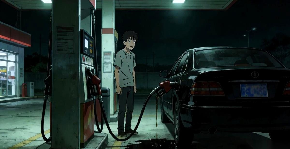 油枪插进去了，油却哗哗地全漏在了地上。
一滴都没进油箱。
我们这儿新来的小伙子，