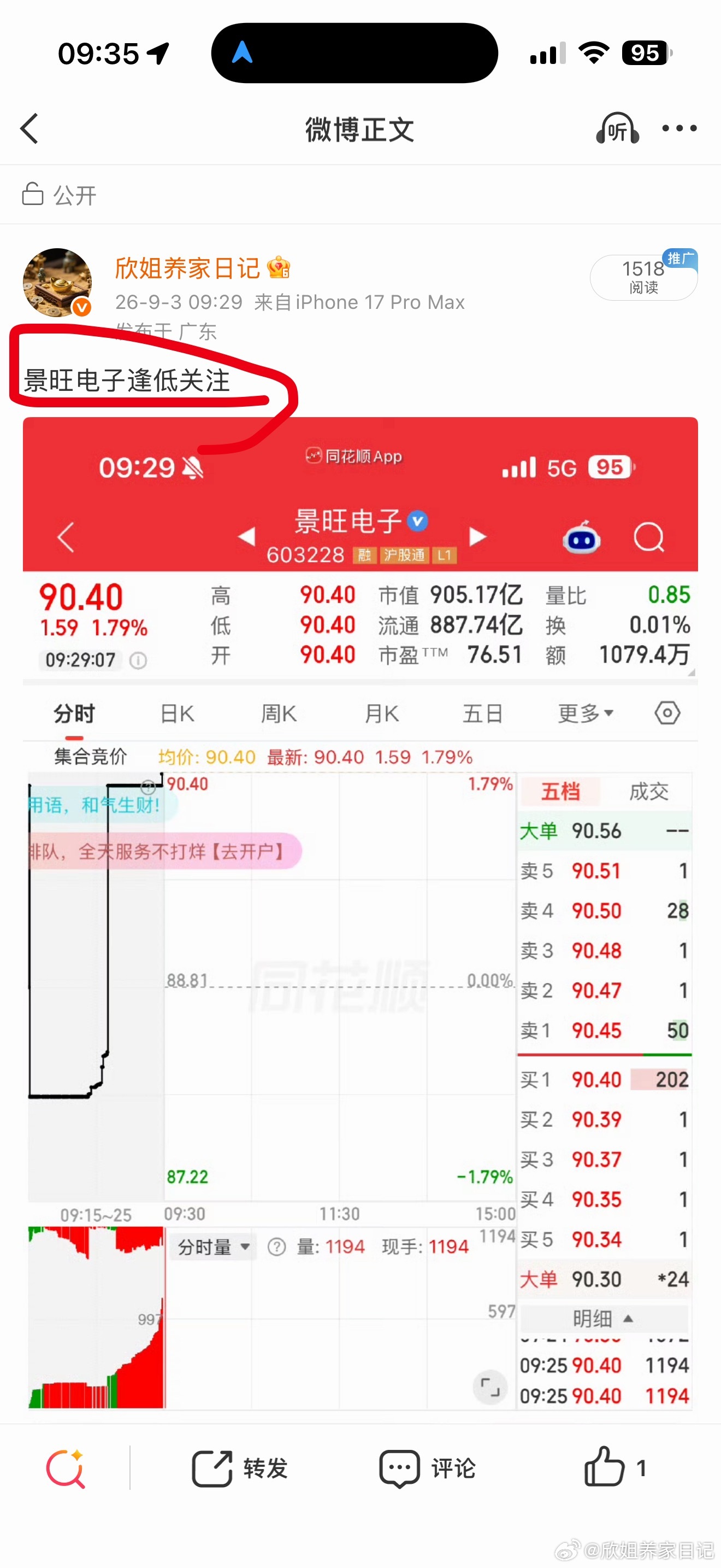 景旺电子漂亮！开盘直线拉升7CM！爽了！ ​​​