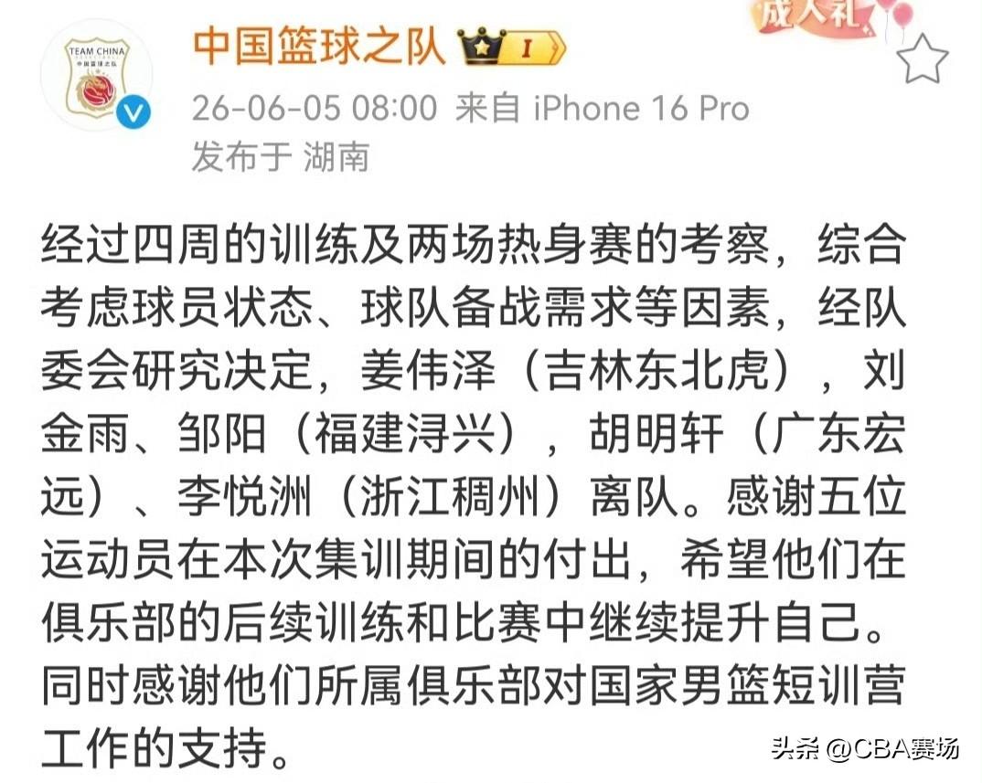 今日上午八点，中国男篮官方账号发布消息：集训队五名球员离队，包括姜伟泽、刘金雨、