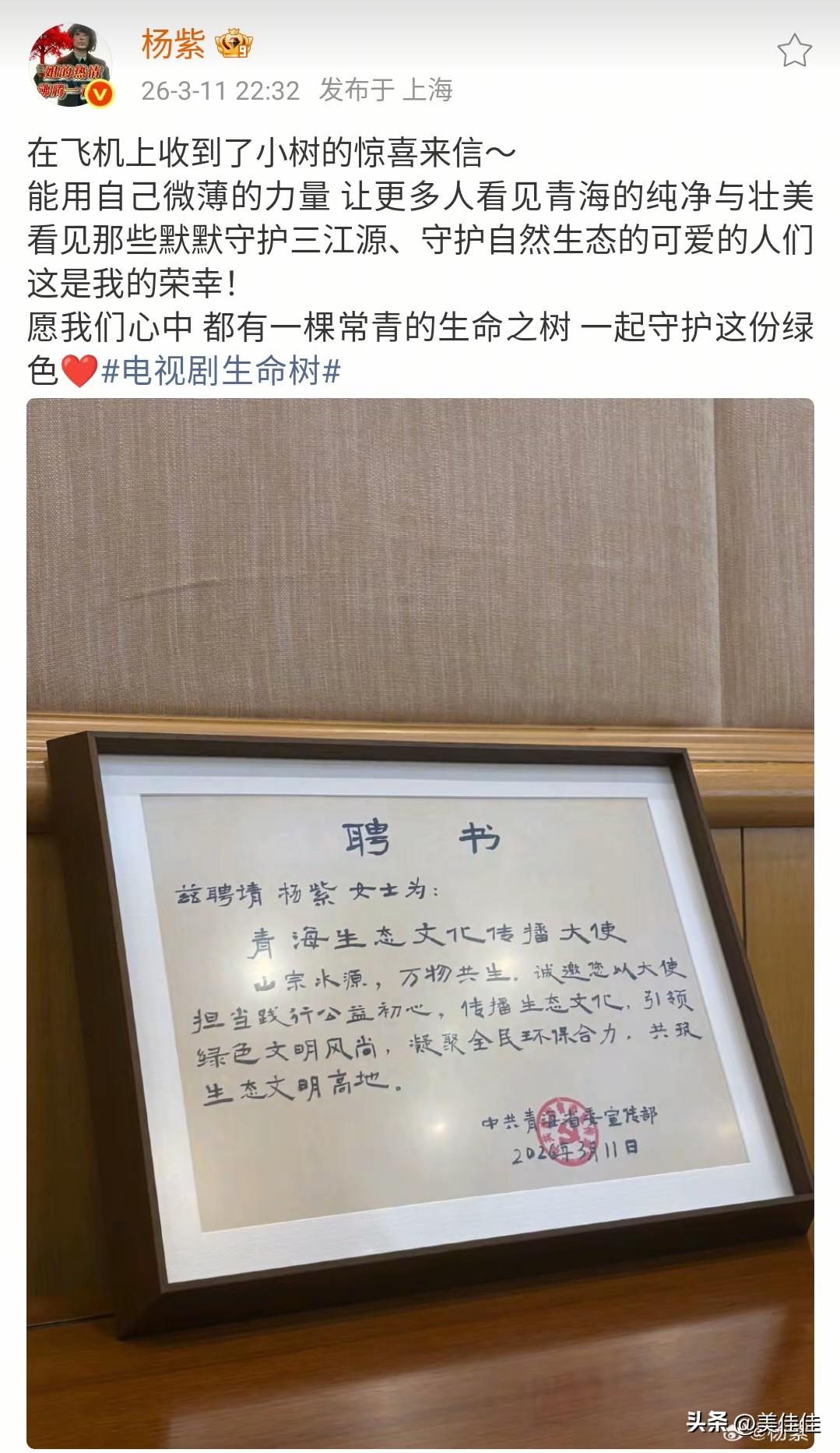 ✨ 杨紫受聘为青海生态文化传播大使，以星光守护高原绿意！
 
一纸聘书，承载着山