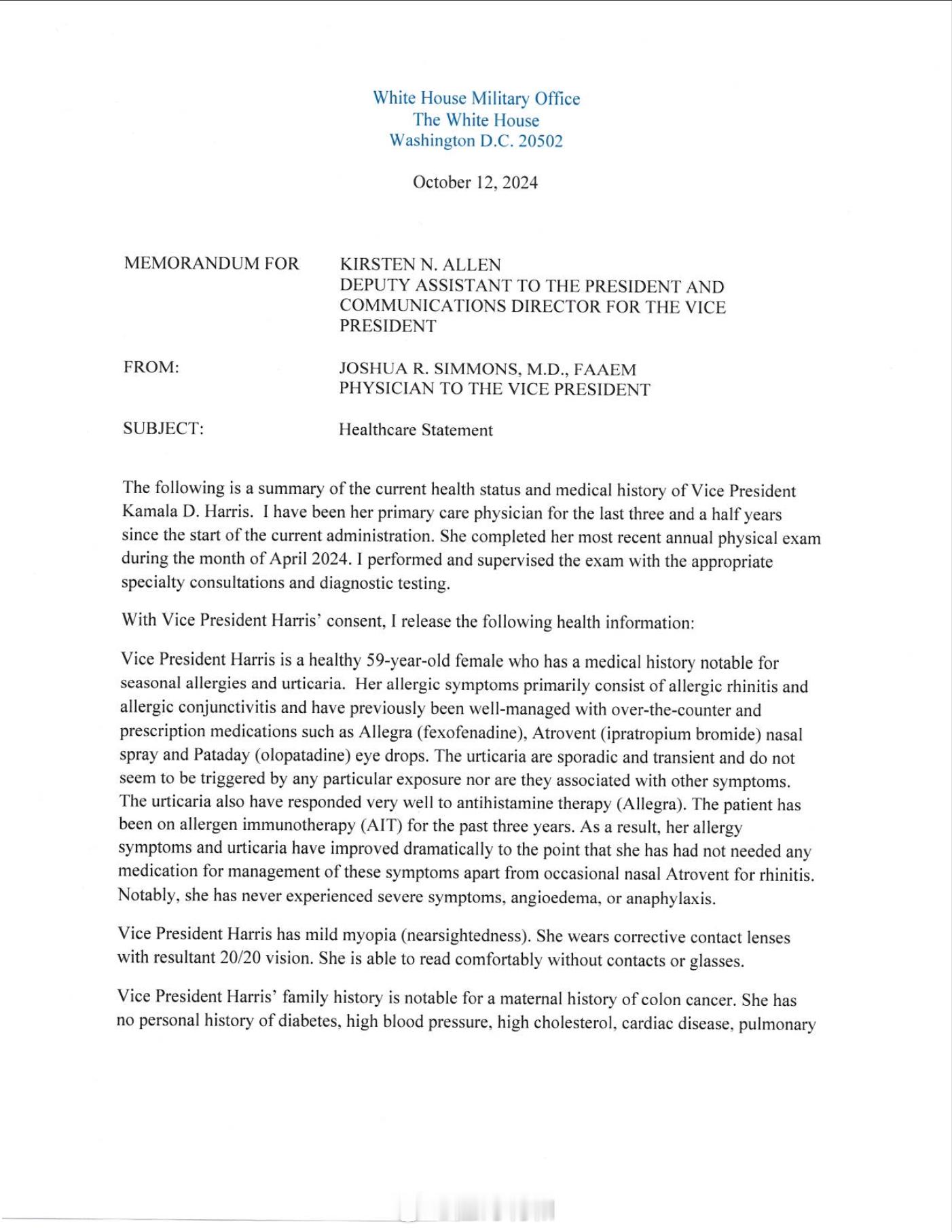 美国副总统哈里斯的健康报告公布。这份健康报告是白宫医生Joshua R. Sim