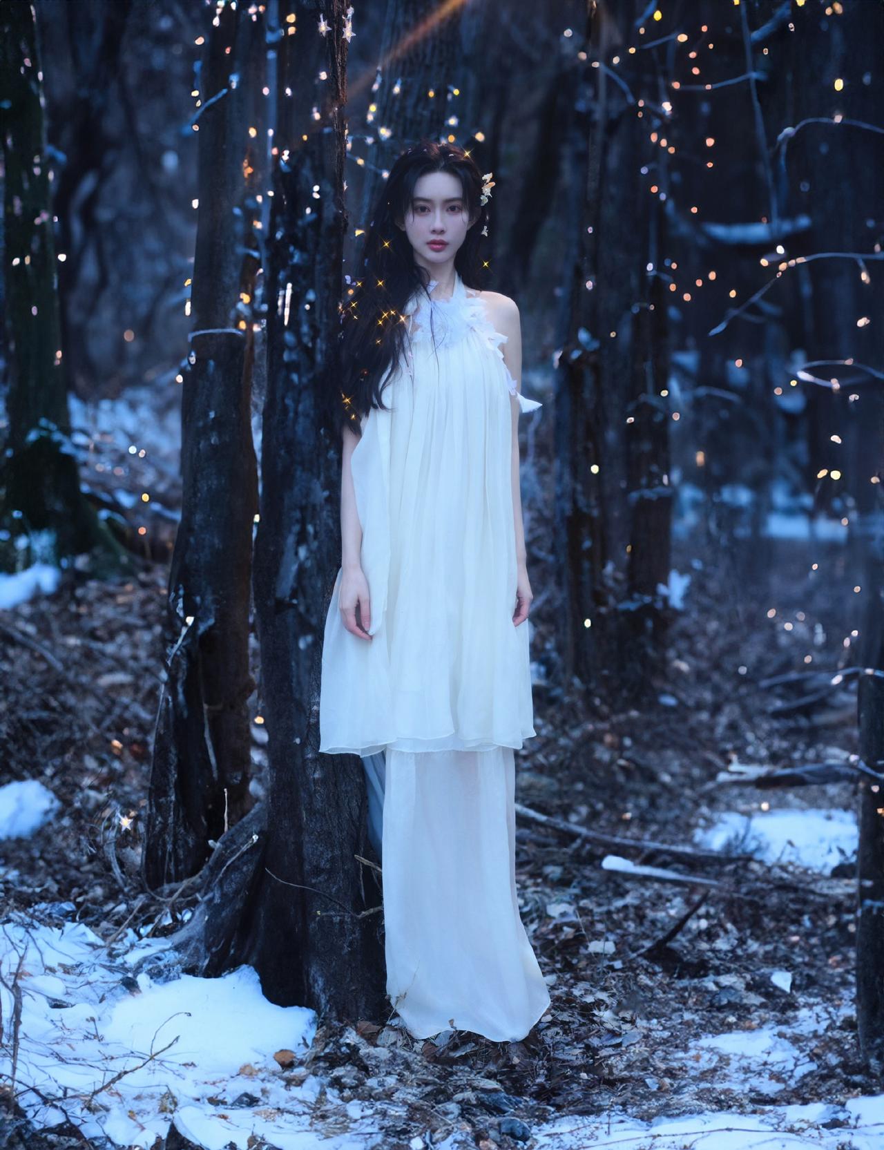 冬日森林中的梦幻仙子，白裙飘飘，宛如童话中的公主。孟子义！！！！