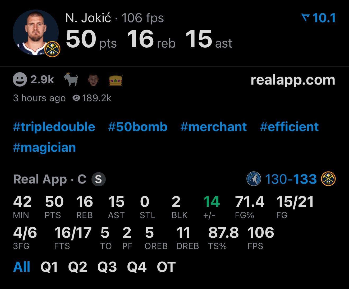 约基奇50分16篮板15助攻21中15三分6中417罚16中森林狼vs掘金NBA