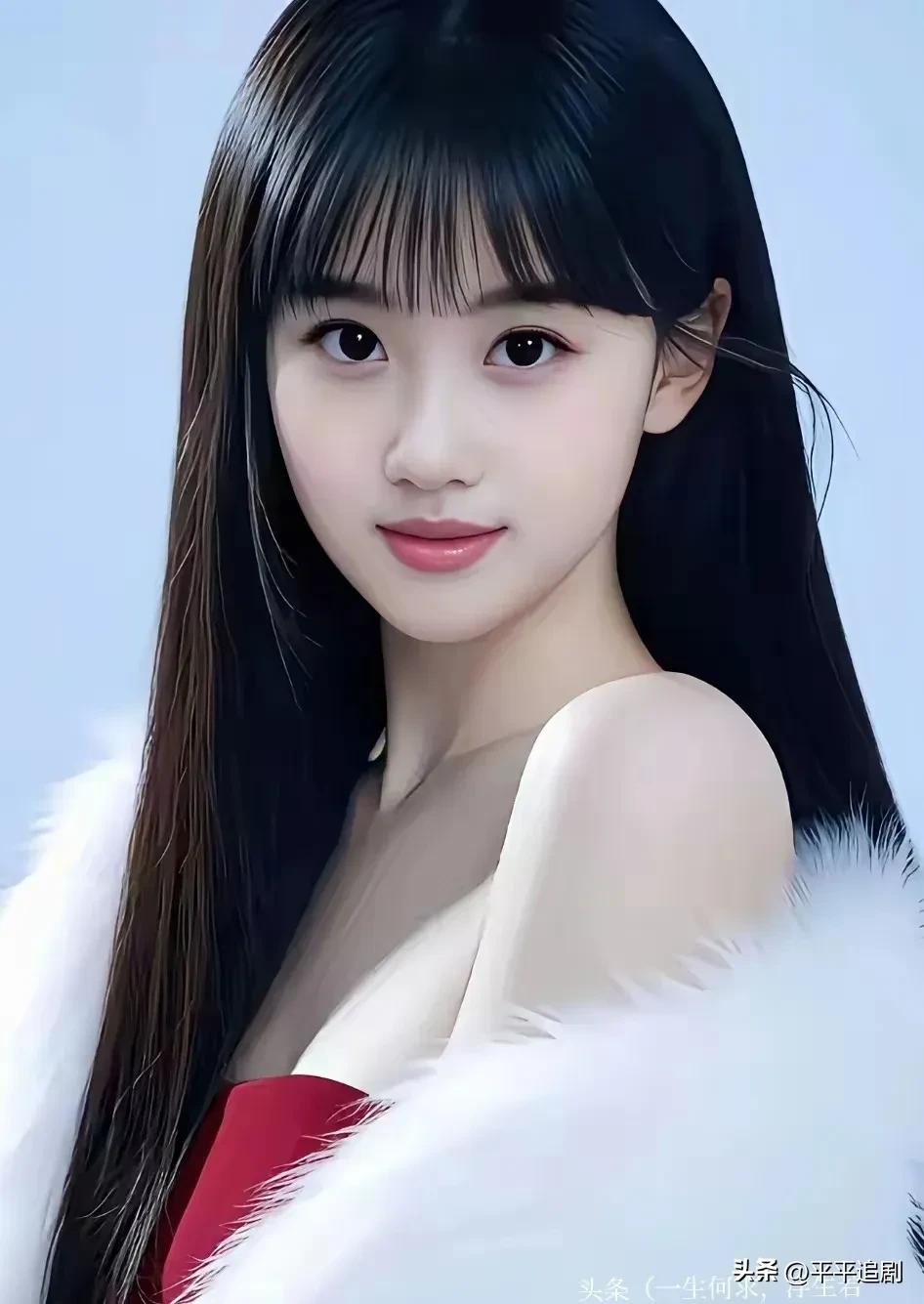 白绒披肩裹着暖意，红裙衬着清冷眉眼，齐刘海与长发相映，是藏在温柔里的清甜与疏离。