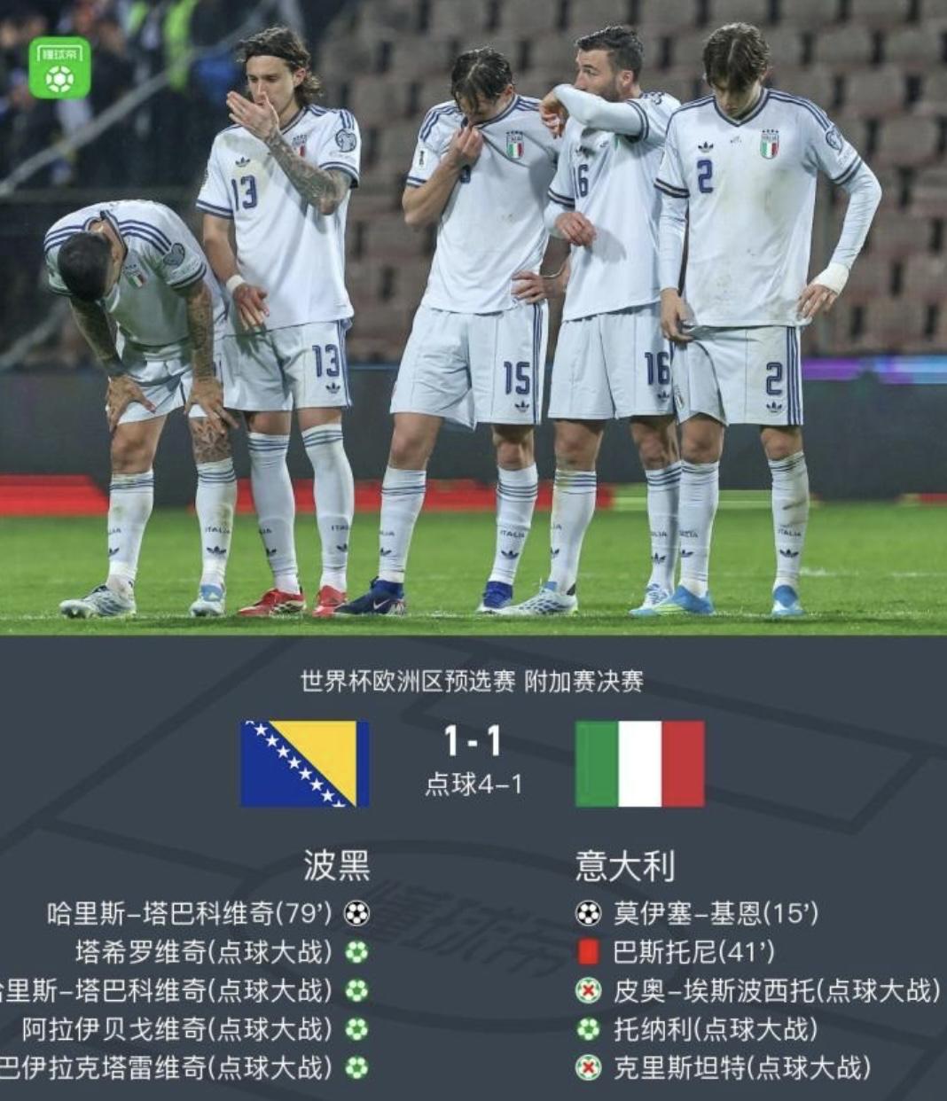一觉醒来，波黑5-2意大利，意大利球迷天塌了，意大利再次倒在了附加赛，连续第三次