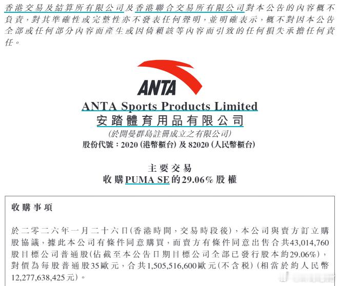 安踏体育收购彪马公司29.06%股权安踏体育开涨1.51%安踏体育商业版图盘点环