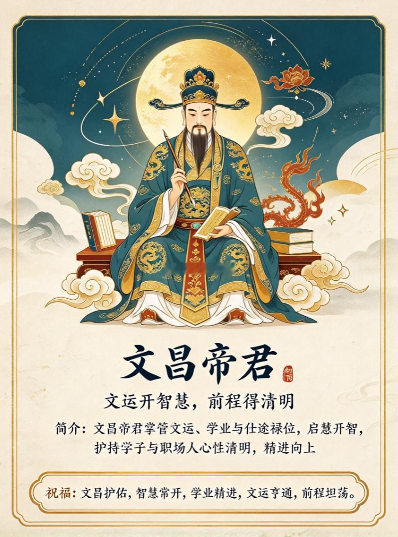 文昌护佑，智慧常开，学业精进，文运亨通，前程坦荡顺遂无忧。文昌帝君，又称梓潼帝君