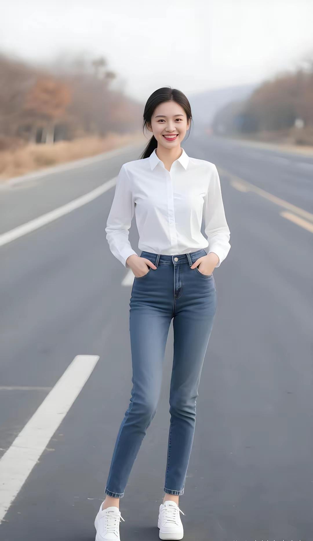 元气少女穿搭指南👗👖👟，清新白衬衫+牛仔裤，轻松出行！🌞🚗