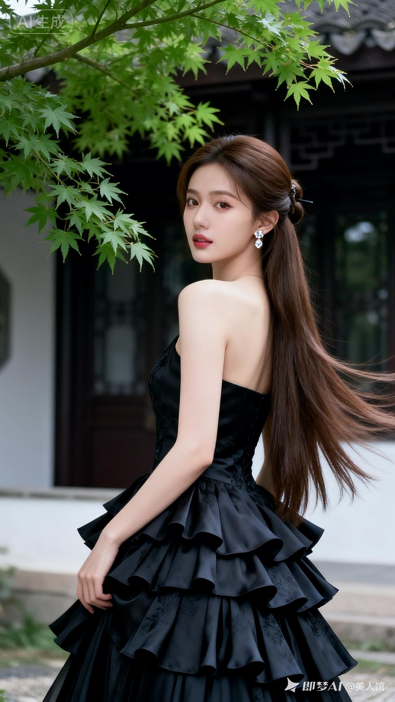 少女棕发半扎披肩直长发，冷白奶油肌精致妆容，宝石黑新中式叠褶礼服缀荷叶边，风拂枫