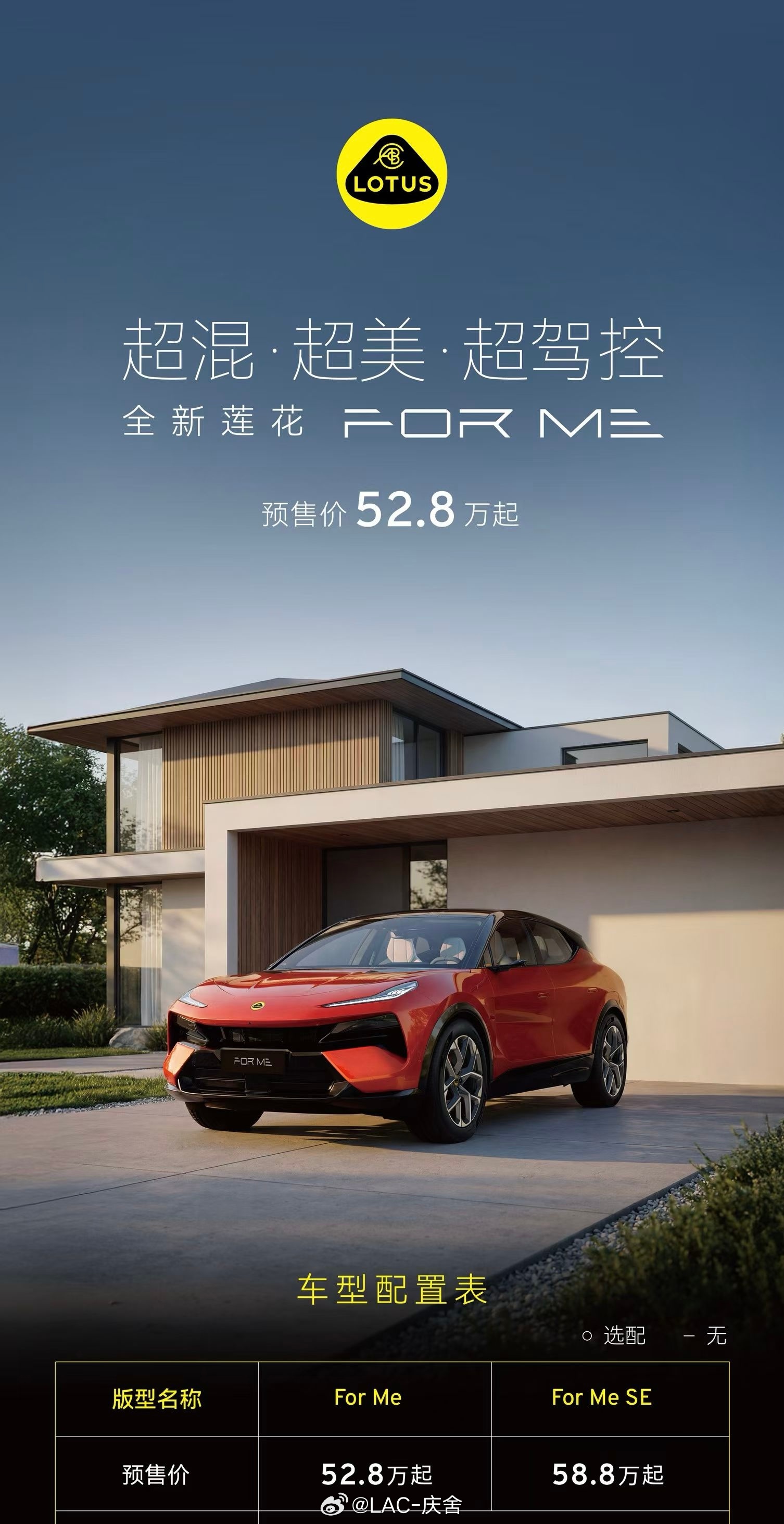 全新莲花ForMe 预售价52.8万起两款配置，这价格可以