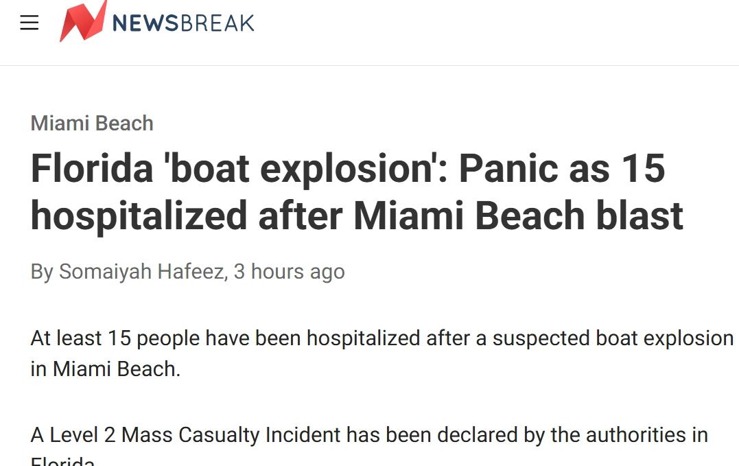 美国海滩发生“船只爆炸”，至少15人受伤
当地时间周六午间，美国佛罗里达州迈阿密