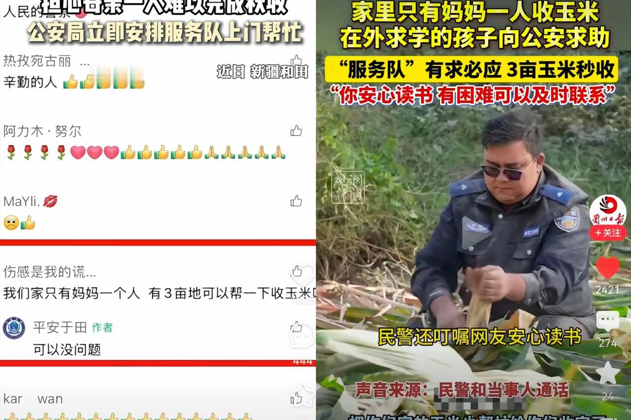 新疆一名在外求学的大学生，
给当地的民警留言，
说家里的三亩玉米没人收，
只有老