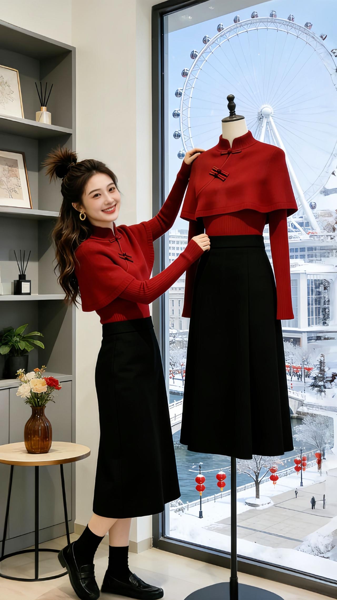 《红衫映雪，Danny的新中式冬日序章》
暖调的服装店里，Danny正为人体模型
