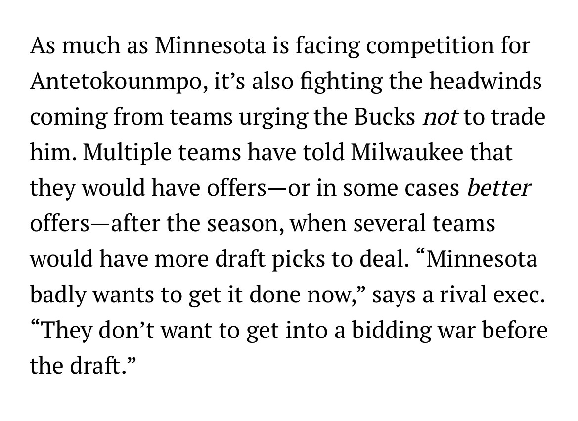 Chris Mannix：有多支球队正在劝说雄鹿队等到今夏再交易字母哥，届时他们