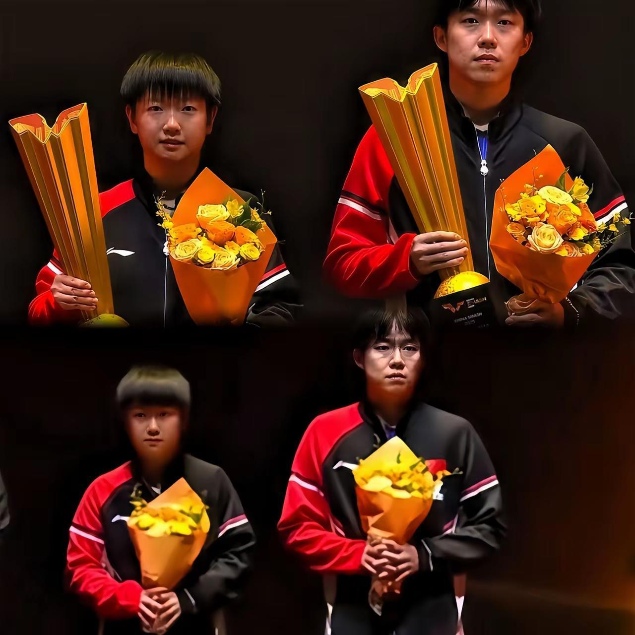 两个人
一朵花
两个奖杯搬回家
哥哥看
妹妹耍
耍着耍着生气啦！
你世一
我世一