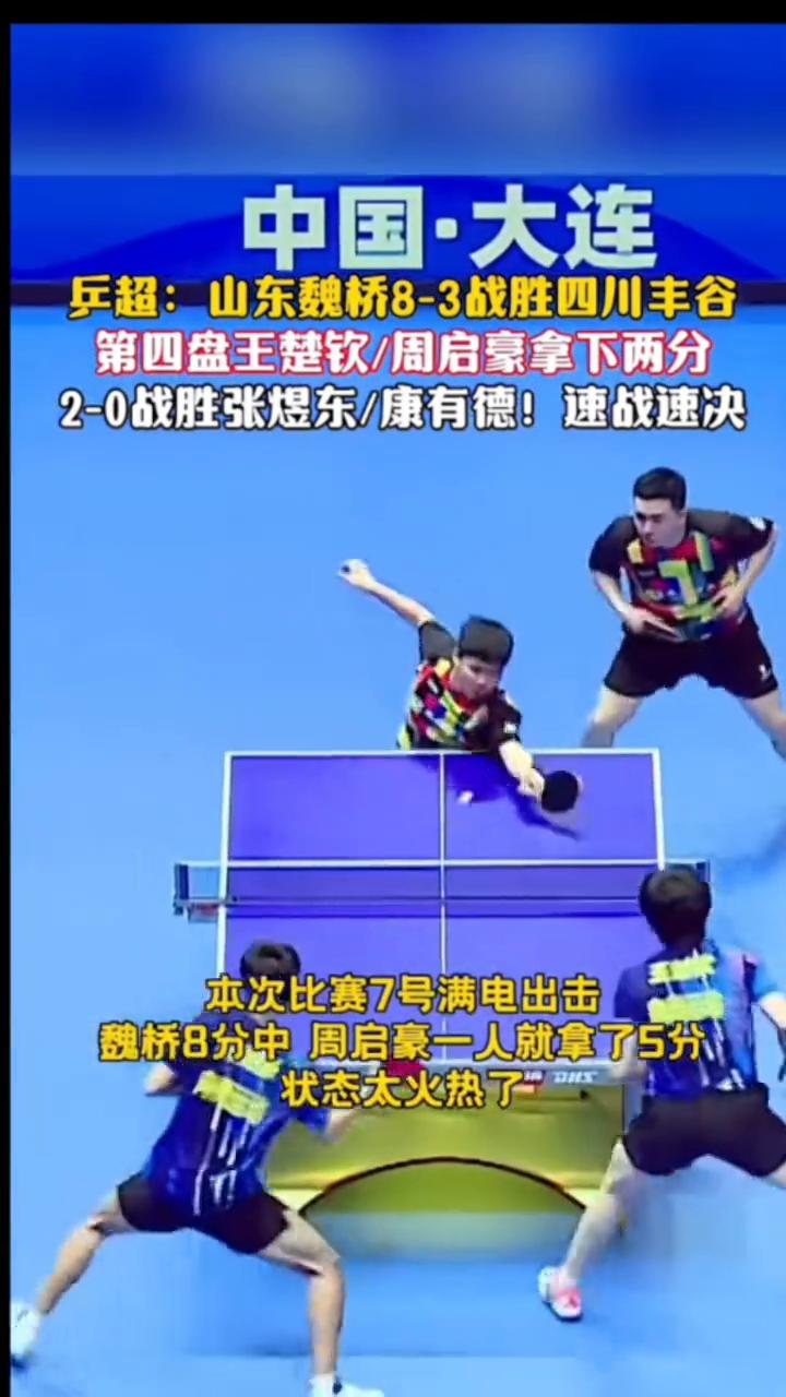 兵超：山东魏桥8-3战胜四川丰谷，第四盘王楚钦/周启豪拿下两分，2-0战胜张煜东