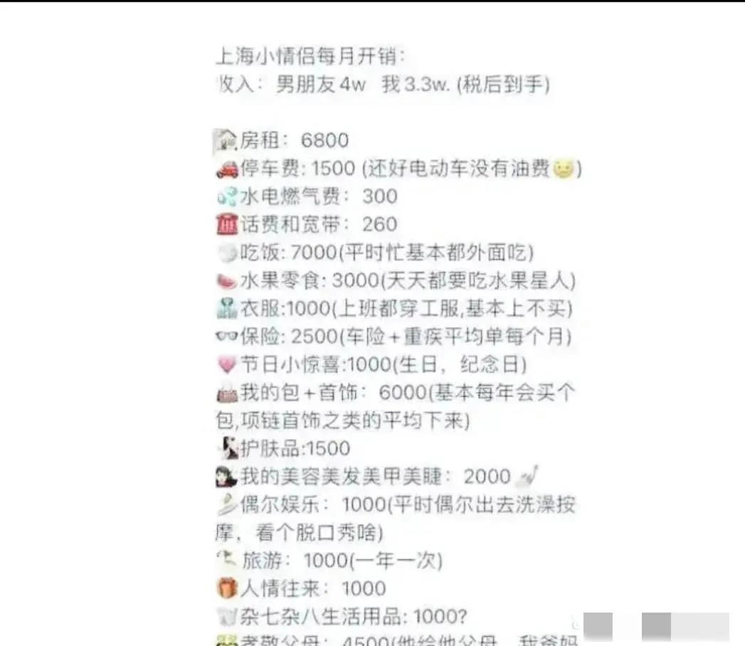 上海有一对小情侣，曝出了两人的每月开销，不禁感叹：有钱人可真是任性呀!男生税后工