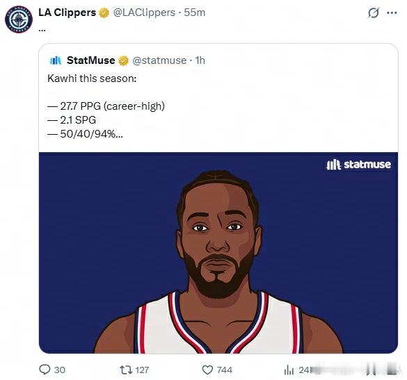 泰伦卢回应伦纳德无缘全明星 快船官方回应：…泰伦-卢：对我来说，过去6周时间里，