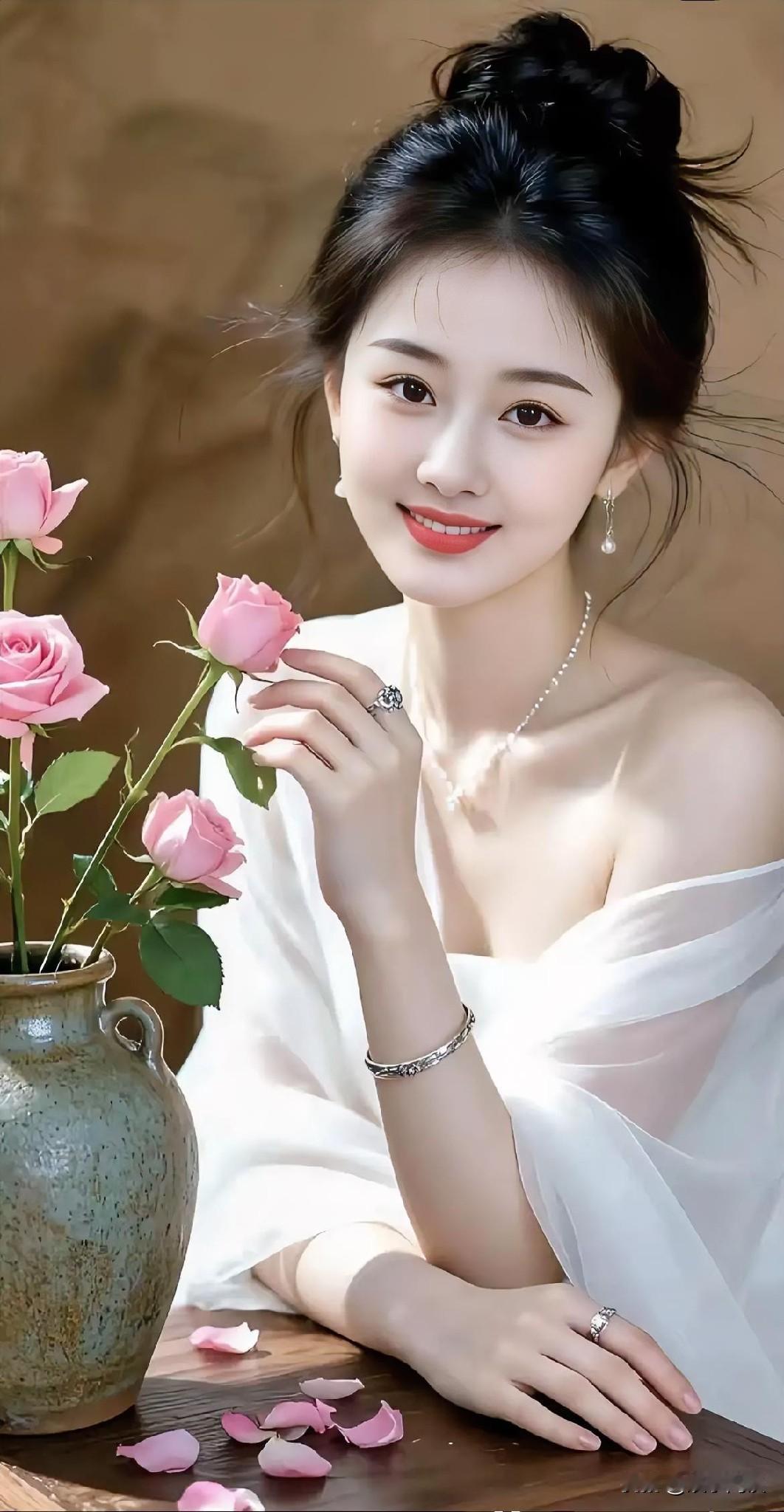 美女手持玫瑰花，笑容甜美。