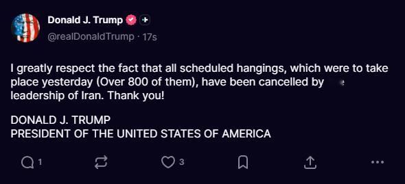 🐖特朗普在“真实社交”上表示：“我非常尊重伊朗领导层取消所有原定于昨天执行的绞