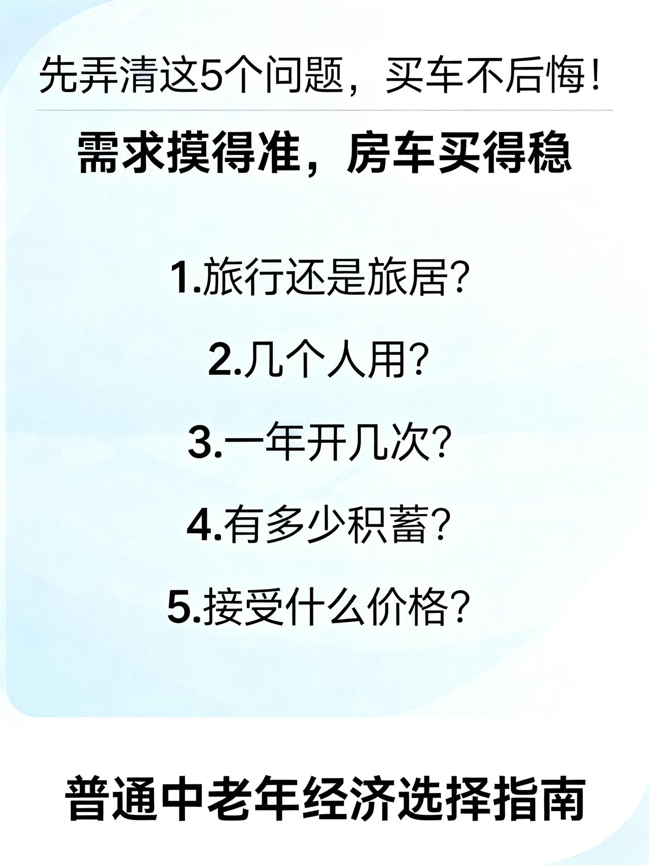 一年没几天开，买房车就是落灰！
先弄清这5个问题，买车不后悔！
「需求摸得准，房
