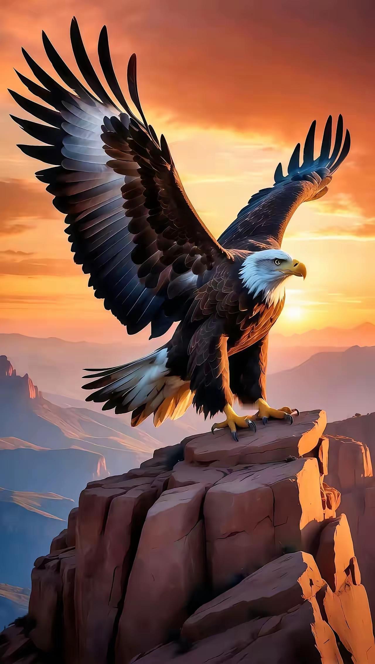 雄鹰展翅，俯瞰山河，自由翱翔在夕阳下。