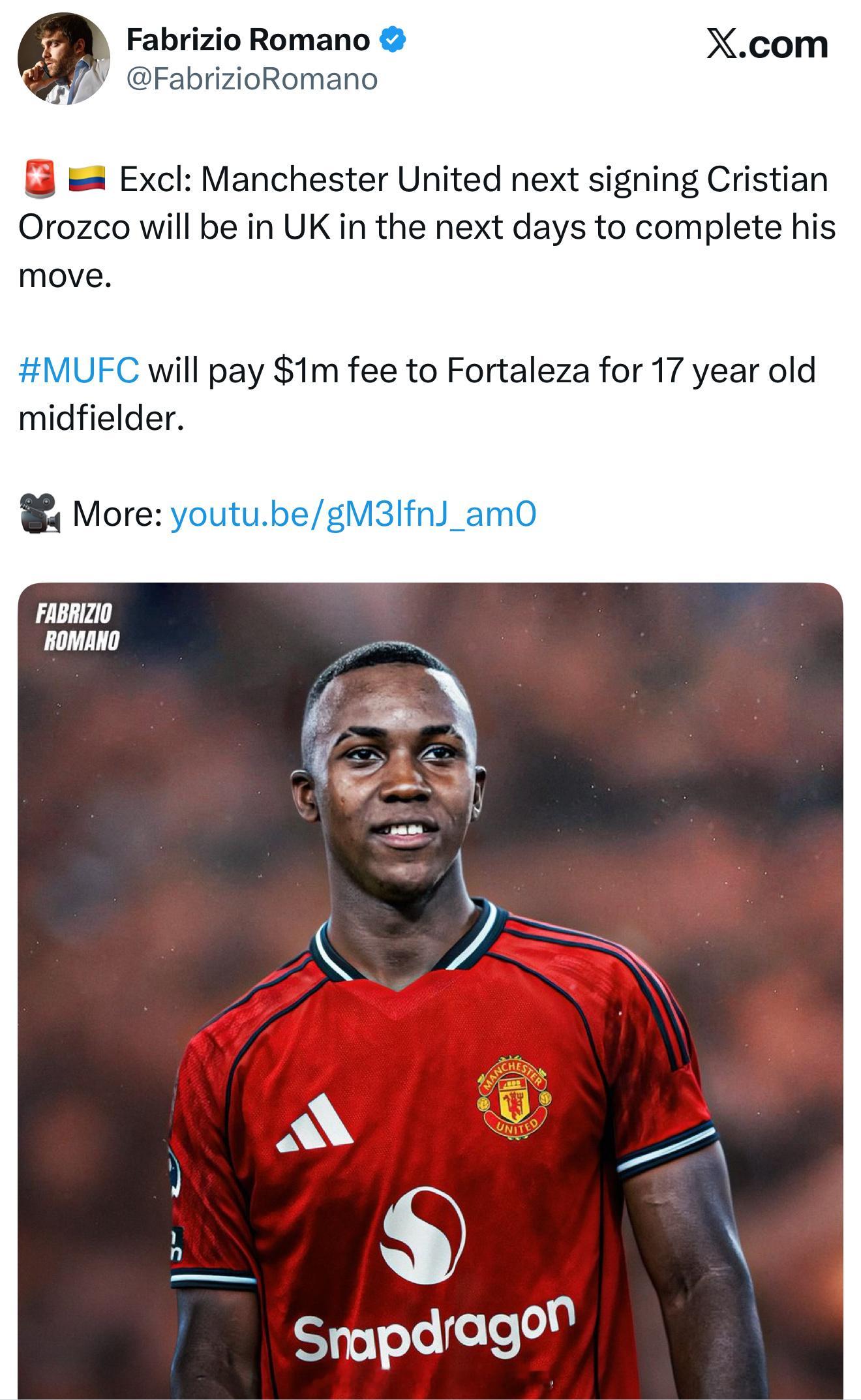 罗曼诺：曼联即将签下17岁小孩儿 