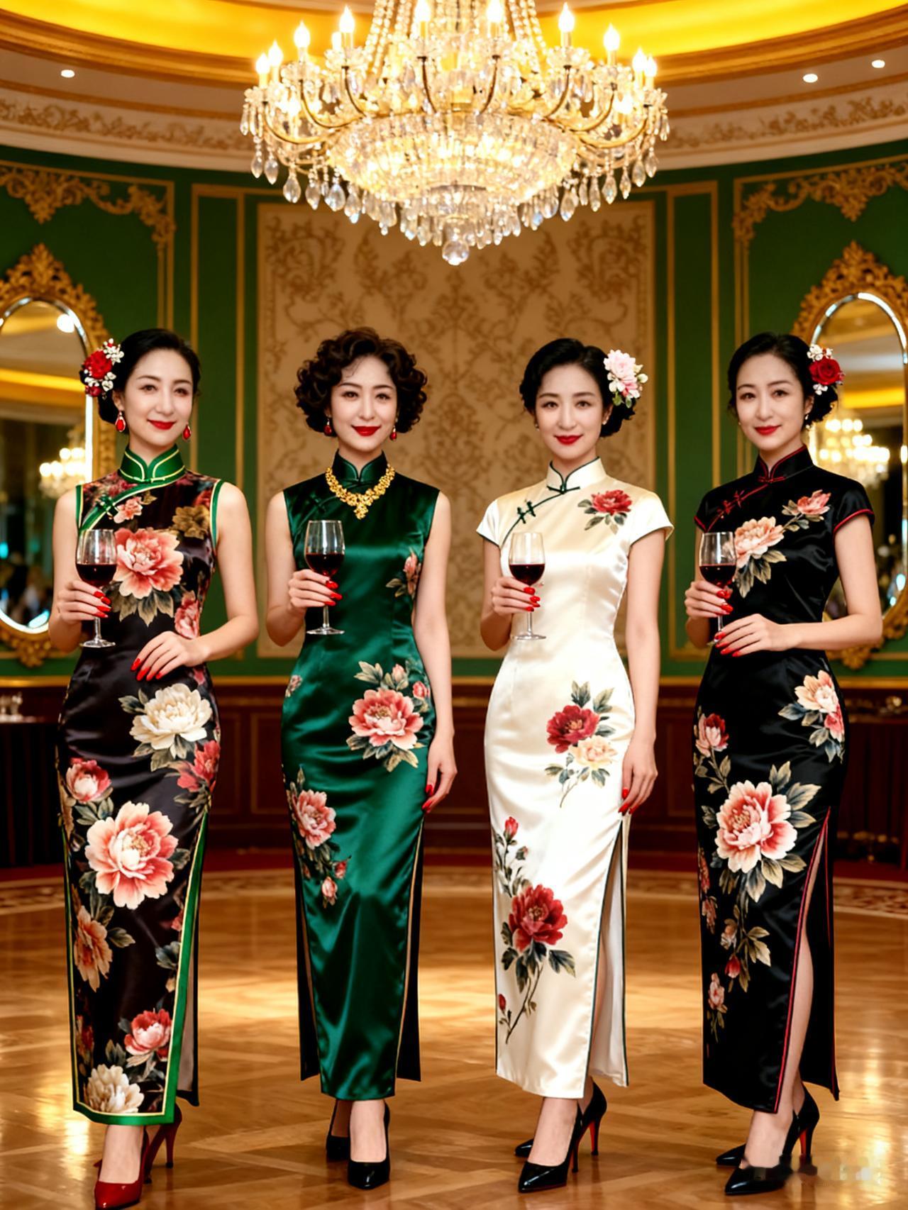 以民国风为基调，聚焦奢华宴会厅：水晶灯暖黄流光，雕花墙映绿金，镜面泛华彩。四位佳
