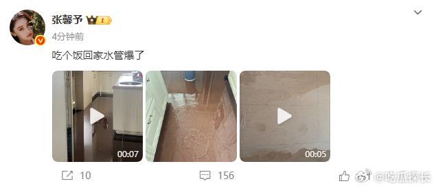 张馨予家里水管爆了张馨予吃个饭回家水管爆了，希望东西别被泡坏了。张馨予家被水淹了