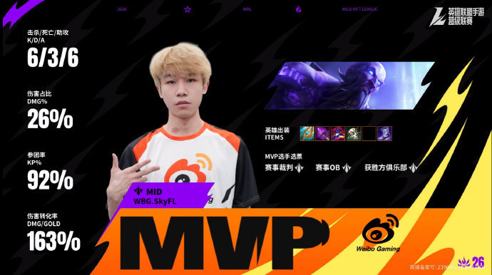 2026WRL夏季赛 第二局：WBG 2-0 WHG本局MVP：WBG.SkyF