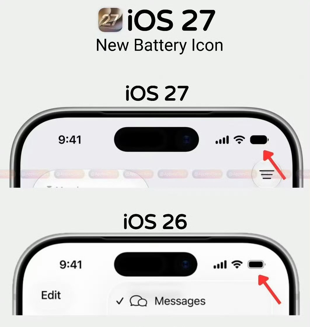iOS27电池图标 丑 已经更新iOS27有几天了还是没有看习惯这个大电池图标[