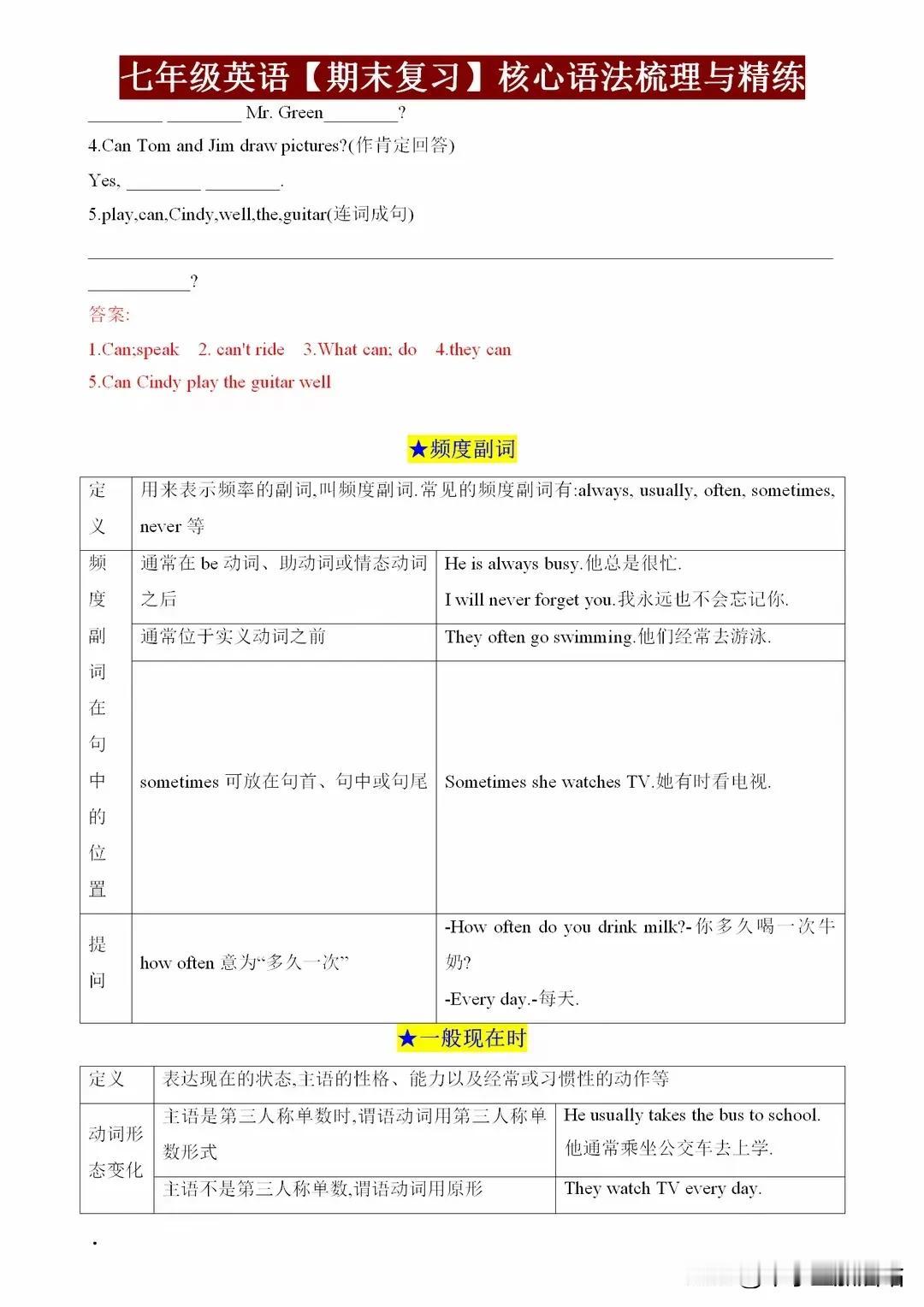 七年级英语【期末复习】核心语法梳理与精练，拉开差距全靠这些！
同学们，期末考试迫