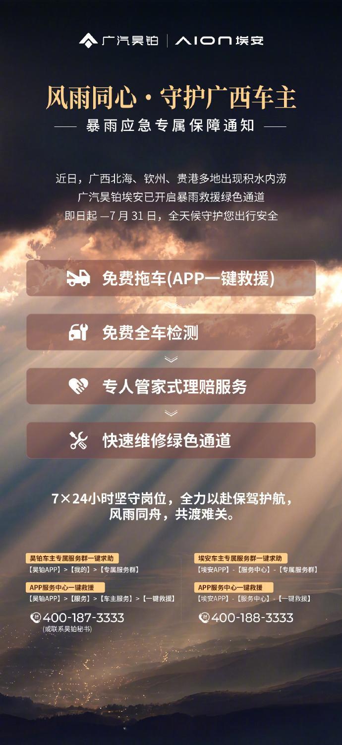 埃安开启广西暴雨救援绿色通道 7月7日，发布守护广西车主暴雨应急专属保障通知：即
