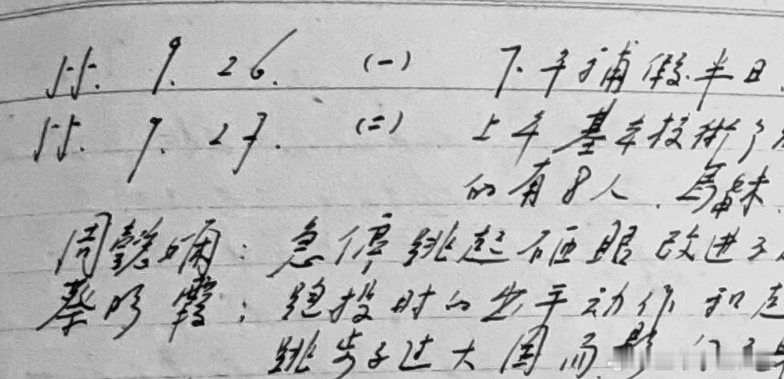 1950年代，白金申执教中国女篮时撰写的训练日记，纪录得非常详细，出勤表部分符号