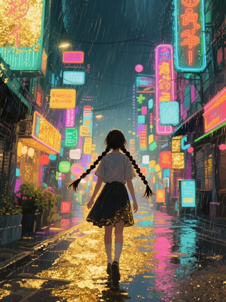 雨夜霓虹映巷，
金雨铺就未知路，
每滴水珠似藏着独特故事，等你探寻🧐
AI妙生