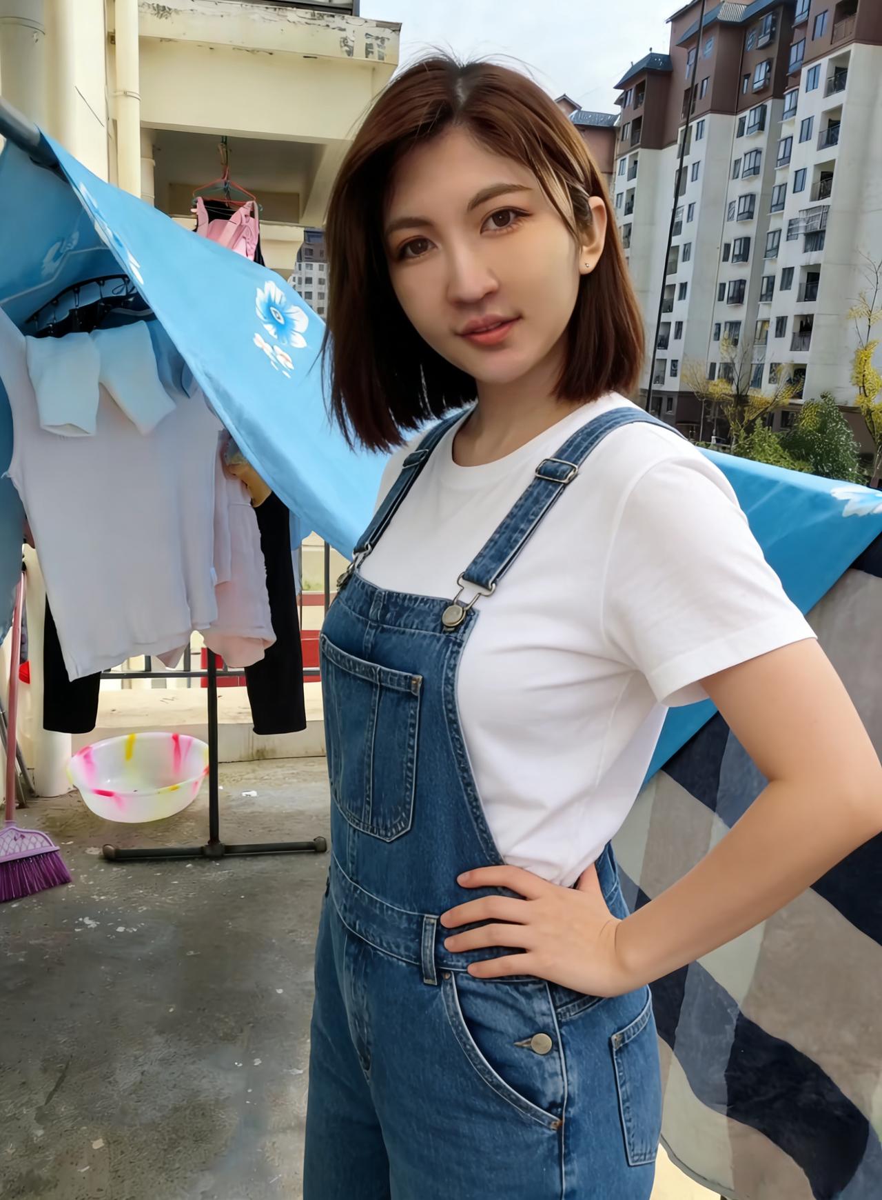 晴轩立晓妆，短发衬清扬。
布幔摇风软，衣绳曳日长。
背带凝浅黛，素手倚疏篁。
烟