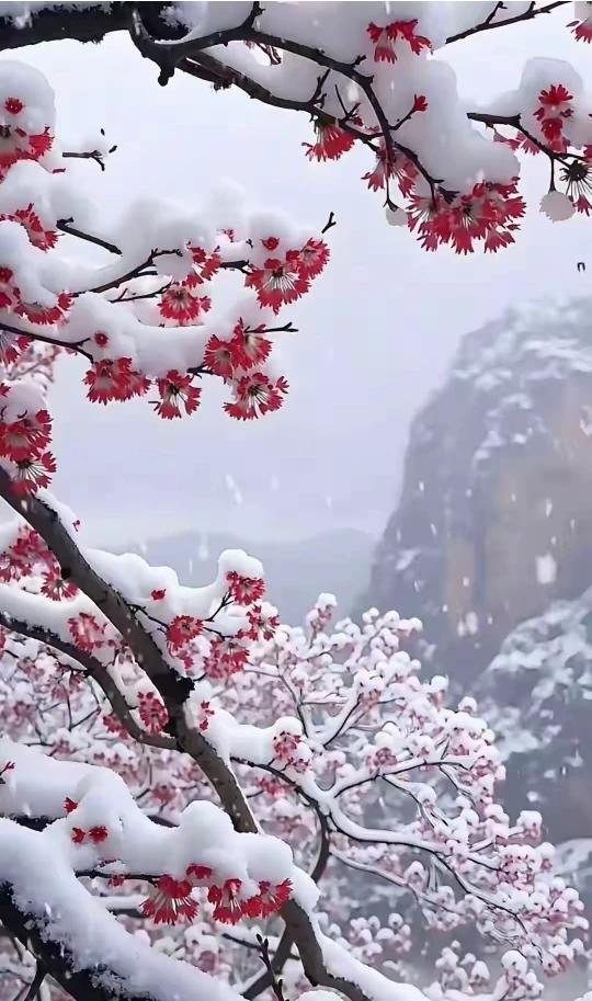上联：寒中梅绽三分白
下联：此时沐雪染白头