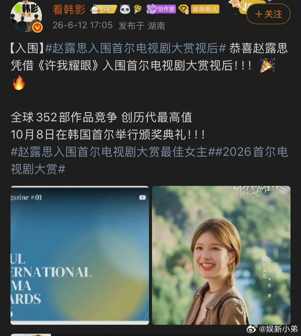赵露思凭借许我耀眼入围首尔电视剧大奖视后