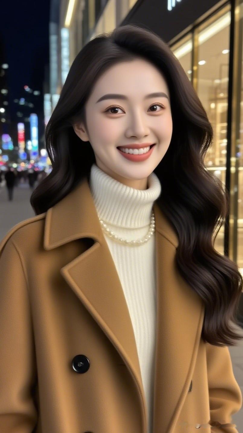 笑语盈盈暗香来，繁华夜色映佳人。哪位女星最漂亮 夜晚的都市街景，甜美笑容，时尚穿