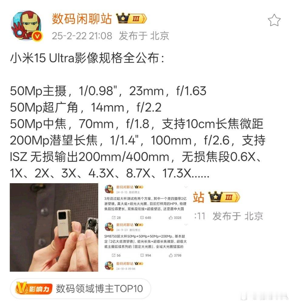 站哥汇总了小米15 Ultra手机的影像规格，大家觉得顶不顶？ 