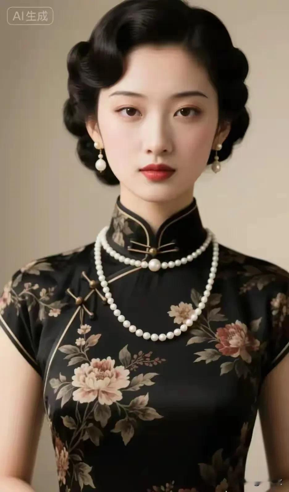 黑色旗袍，珍珠项链
牡丹之容，天姿国色
温柔可人，美丽动人
高贵冷艳，艳压群芳