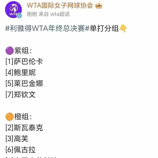 郑钦文这次年终总决赛的分组真是运气爆棚了。其实和萨巴伦卡分在一组，对郑钦文来说反