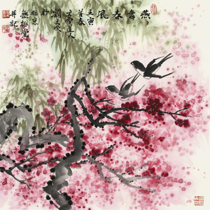 这幅作品是刘文顺老师创作的国画《燕舞春风》，画面以泼彩技法描绘了春日盛景：粉红梅