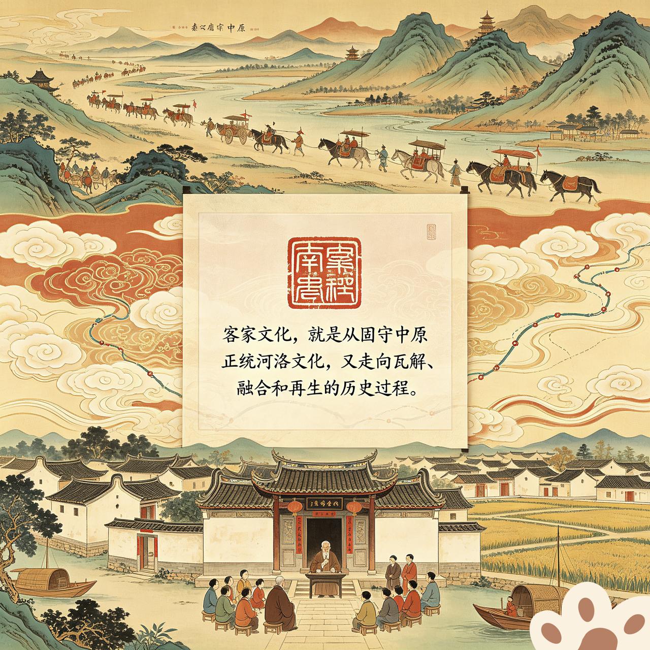 “中原历代客家移民”的发展历史，其实就是从固守中原正统河洛文化，一直到瓦解融入百