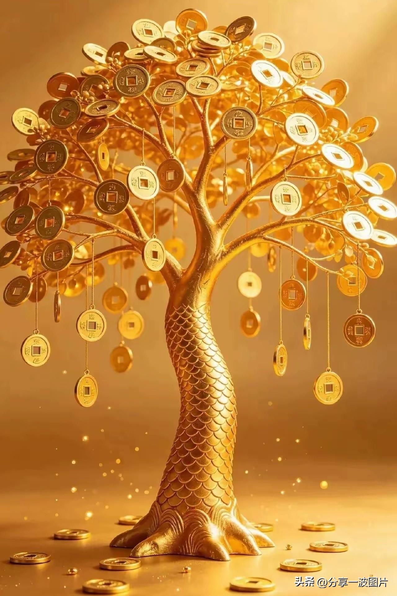 金树垂钱招富贵，
祥枝纳福聚财源。