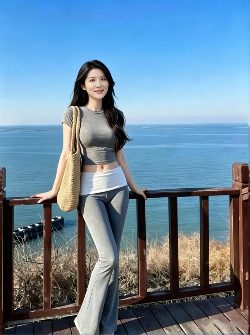 谁懂啊！海边散步随便穿穿都这么出片！
这套灰色瑜伽服真的太绝了，短上衣+喇叭裤，