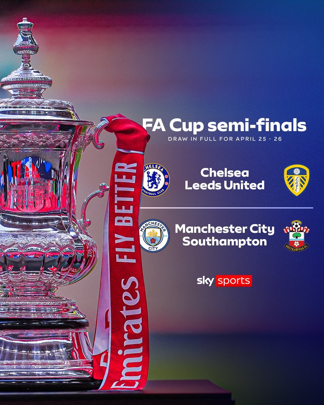 足总杯 半决赛抽签对阵：切尔西vs利兹联曼城vs南安普顿 